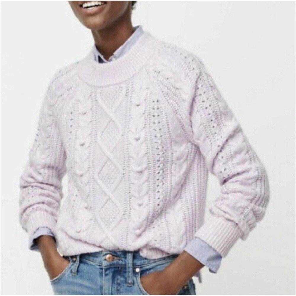 J Crew Pom Pom Cable Knit Mock Neck Sweater VTG Lilac Womens L Azra Wool Blend - Picture 1 of 9
